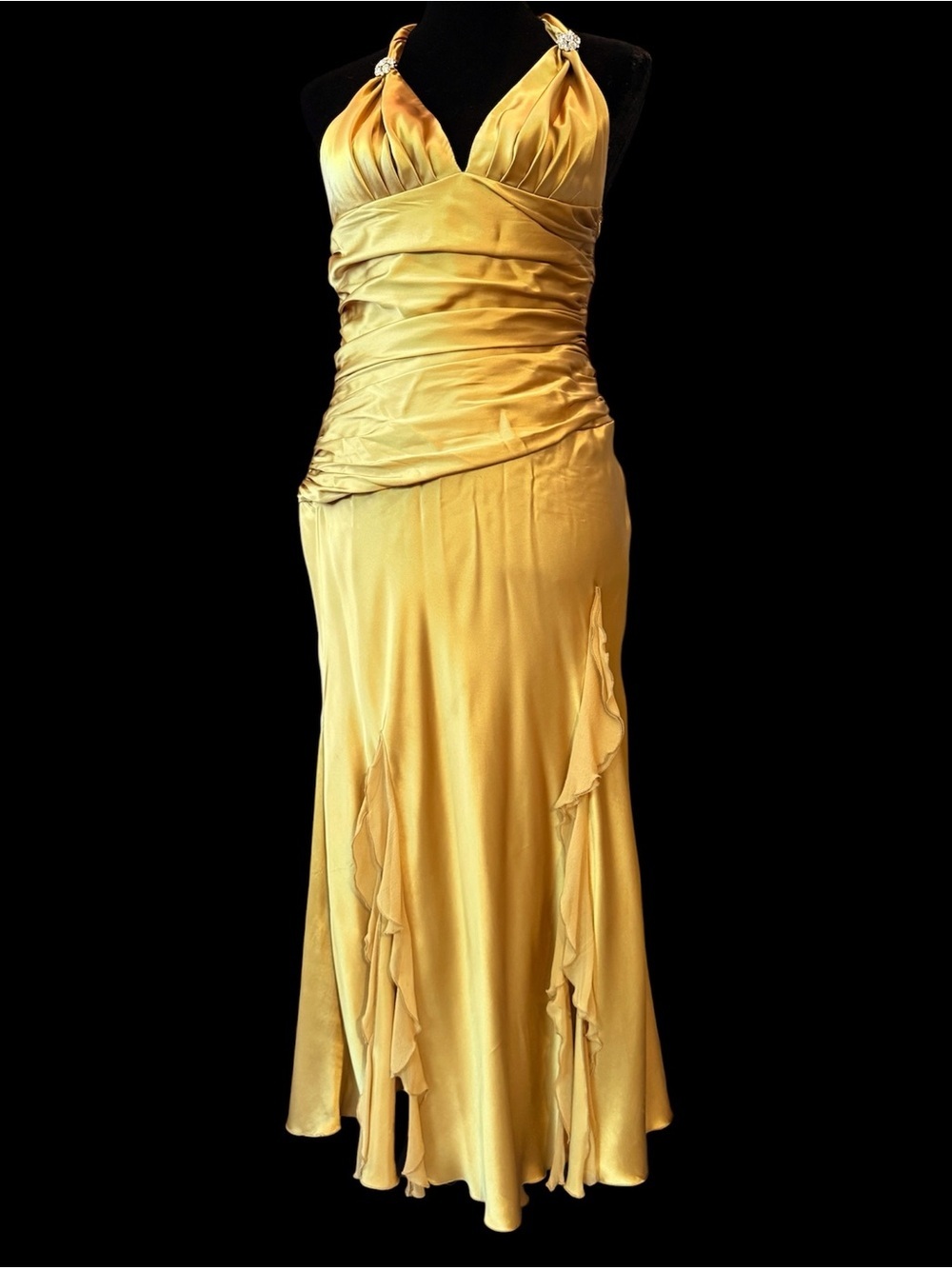 Vintage Y2K Cache Gold 100% Silk Chiffon Ruffle Tie Back Halter Dress Size 8 - Picture 2 of 9